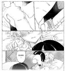 2boys aether_(genshin_impact) blonde_hair blush_face blushing blushing_male dark_hair gay gay_domination genshin_impact male/male nipple_play nipples playing_with_nipple scaramouche_(genshin_impact) sleeping submissive submissive_male sucking sucking_nipple teasing tongue wanderer_(genshin_impact) yagisanshi