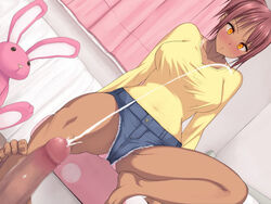 barefoot bedroom blush breasts censored cum dark_skin ejaculation feet female footjob jeans large_breasts legs panties penis pink_doragon pink_panties red_hair shirt short_hair shorts sitting spread_legs stuffed_animal tan tanline thighs toes yellow_eyes