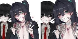 1boy 1girls alternate_version alternate_version_available bandaged_arm bandaid bandaid_on_face belly black_hair blade_lineage_(identity)_(project_moon) blood_on_face bloodied blushing bruise_on_face bruised bruised_body half_naked hand_on_shoulder heart heterochromia hong_lu honglulove jade_eyes kurokumo_clan_(identity)_(project_moon) limbus_company open_robe peace_sign project_moon rough_translation rule_63 scar scar_across_eye suit sweat tagme tattoo yi_sang_(limbus_company)