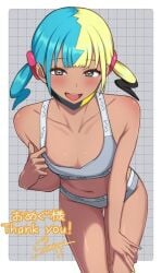 belly belly_button blonde_hair blue_eyes blue_hair blue_nails cameltoe canari_(pokemon) canary_(pokemon) female female_focus female_only flat_chest leaning_forward looking_at_viewer midriff navel painted_nails pokemon pokemon_legends:_z-a small_breasts sports_bra sportswear steam steaming_body steamy_breath stomach surippa1010 sweat sweatdrop sweating sweaty two-tone_hair yellow_hair yellow_nails