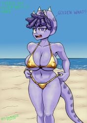 2026 anthro beach big_breasts bikini breasts cavemanon_studios ceratopsian ceratopsid chasmosaurine curly_hair dinosaur female golden_bikini golden_week goodbye_volcano_high highres huge_breasts kaynorko purple_body purple_hair purple_scalies reptile scalie short_hair shortstack snoot_game solo triceratops trish_(gvh)