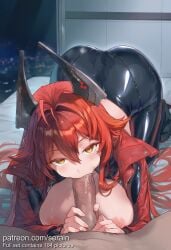 1boy 1girl 2026 ahoge ai_generated all_fours ass black_pants blush breasts breasts_out cheek_bulge clothed_female_nude_male cropped_jacket erection fellatio goddess_of_victory:_nikke gumroad_username hair_between_eyes hair_intakes hetero highres hip_vent horns indoors jacket large_breasts latex leather leather_jacket leather_pants long_hair long_sleeves looking_at_viewer mechanical_horns night nipples nsfw on_bed open_clothes open_jacket oral pants penis penis_grab pov pov_crotch red_hair red_hood red_jacket saliva serain sidelocks solo_focus uncensored unzipped very_long_hair window yellow_eyes