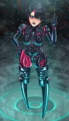 arms_behind_back artificial_limb big_breasts bodysuit bondage bound commission goth goth_girl hand_on_hip heterochromia latex latex_clothing latex_suit legs_spread looking_at_viewer machine_bondage mecha_bondage mechanical_arms mechanical_legs middle_finger mr.bones22 original rubber_suit thick_thighs thighs