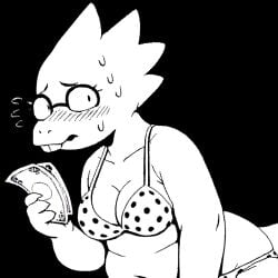 1girl 1monster ai_generated alphys alphys_(undertale) bikini black_background black_eyes black_white blush blushing chubby chubby_female clothed glasses holding_money looking_at_viewer medium_breasts money monochrome monster monster_girl nerd nerdy_female nervous no_color pixai pixel_art polka_dot polka_dot_bikini solo sweatdrop sweating undertale undertale_(series) upper_body white_skin