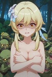 ai_generated blonde_female blonde_hair covering covering_breasts covering_nipples forest genshin_impact goblin goblin_male hoyoverse lumine_(genshin_impact) mihoyo monster naked naked_female scared scared_face surrounded