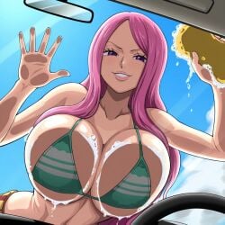 1girls ai_generated big_boobs big_breasts bikini_top curvy curvy_body curvy_female curvy_figure female female_only huge_breasts jewelry_bonney kyoru189 large_breasts light-skinned_female light_skin looking_at_viewer mature_female one_piece pink_hair purple_eyes seductive seductive_look seductive_smile shiny shiny_skin solo solo_female