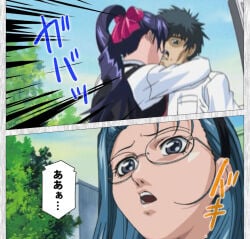 1boy 2girls academy_uniform_(bible_black) being_watched bible_black bible_black_gaiden black_eyes black_hair blue_hair blush campus caught caught_in_the_act cheating cheating_girlfriend classmates comic cuckquean duo_focus eyewear glasses hair_ornament hair_ribbon hairband hiratani_seiichi japanese_text kissing kozono_nami lesbian_with_male lovers mind_control mochida_junko multiple_girls netorare ntr outdoors pleated_skirt ponytail public_indecency purple_hair ribbon school school_uniform schoolgirl screencap shirt shocked shocked_expression skirt speech_bubble stealing_girlfriend straight surprised surprised_expression suspenders teen teenage_girl teenage_male teenager third-party_edit ugly_bastard ugly_man very_long_hair vest watching watching_from_afar yellow_eyes yuri