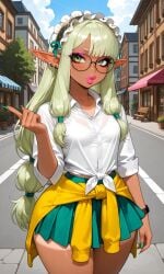 ai ai-created ai_art ai_assisted ai_generated daylight daytime ear_piercing ear_ring elf elf_ears elf_female elf_girl elf_princess glasses glasses_on_face green_eyes gyaru gyaru_gal gyarufication gyarufied light_green_eyes light_green_hair lime_green_hair neighborhood petite petite_body petite_breasts petite_female petite_girl petite_tits pink_lipstick princess round_glasses schoolgirl_uniform skirt slender_waist slim_thick tan tan-skinned_female tan_body tan_skin tanline tanlines tanned tanned_girl thick_thighs thin_thighs thin_waist white_collar white_collared_shirt wide_hips young_elf