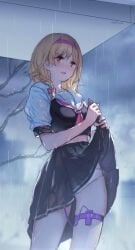 1girls ass_visible_through_thighs blonde blonde-haired_female blonde_female blonde_hair brown_eyes clothes_lift djeeta_(granblue_fantasy) female granblue_fantasy panties sex_toy short_hair skirt_lift swd3e2 underwear vibrator wet wet_clothes white_panties white_underwear