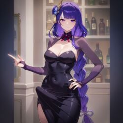 ai_generated belly big_ass big_breasts big_penis boner braid cleavage dressed erection erection_under_clothes futanari genshin_impact golden_jay long_hair parody purple_eyes purple_hair raiden_shogun sleeves tight_clothing