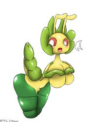 antennae anthro big_breasts blush breasts english_text female huge_breasts huztar insect leavanny looking_at_viewer nude open_mouth plain_background pokemon pussy solo text