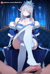 ai_generated busty cleavage crown elf_ears footjob genshin_impact grey_hair large_breasts naughty_face one_eye_closed penis pov thick_thighs tsaritsa_(genshin_impact) white_hair