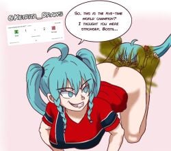 2girls brazilian_miku fart fart_cloud fart_fetish fart_torture farting farting_in_face farting_on_face hatsune_miku ketrita simple_background soccer_uniform vocaloid