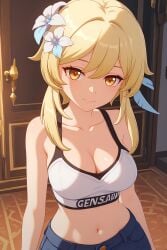 ai_generated blonde_female blonde_hair casual_clothes clothed genshin_impact hoyoverse lumine_(genshin_impact) mihoyo smiling streetwear tank_top
