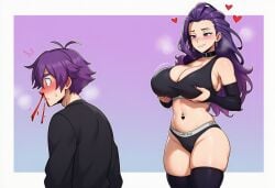 ai_generated big_breasts calvin_klein jiggling_breasts long_gloves long_socks massaging_breasts nabila_gele older_female_and_younger_male original_character original_characters purple_hair steamy_breath sweat temptation tempting