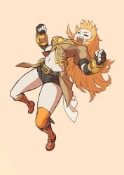 1girls blonde_female blonde_hair ember_celica fingerless_gloves long_hair long_hair_female mori_kuro purple_eyes rwby shorts solo_female stomach yang_xiao_long
