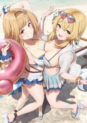 2girls akita_hika ass beach bikini blue_bikini breast_press breasts cleavage crossover djeeta_(granblue_fantasy) eyewear_on_head female genshin_impact granblue_fantasy lumine_(genshin_impact) medium_breasts nonude one-piece_swimsuit sunglasses sunglasses_on_head swimsuit tagme thick_thighs white_one-piece_swimsuit