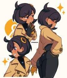1girls 2026 2d ass ass_focus black_hair blush bodysuit bodysuit_under_clothes brown_jacket cremanata dark-skinned_female dark_skin emma_(pokemon) female female_only gloves hair_ornament hand_on_hip highres jacket matiere_(pokemon) matiere_(pokemon_legends:_z-a) multiple_poses nintendo pokemon pokemon_legends:_z-a posing purple_eyes ring_hair_ornament short_hair showing_ass smile smiling teeth