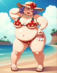 ai_assisted ai_generated bbw beach_background big_belly big_breasts chubby_belly chubby_female gilf grandmother granny hataraku_maou-sama! matronai_(artist) mature overweight_female pearl_necklace posing posing_for_picture posing_for_the_viewer purple_hair red_lipstick shiba_miki straw_hat swimsuit tied_condom
