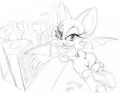 1girls ass flying greyscale monochrome rouge_the_bat sif_(artist) solo sonic_(series)