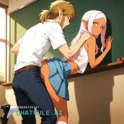 1boy against_wall ai_assisted ai_generated anime_coloring blue_eyes chalkboard checkered_skirt dark_skin dark_skinned_female dark_skinned_male detailed_background doggy_style doggy_style_sex dripping_pussy facing_forward forced from_behind hand_on_back hand_on_neck head_turned light_pink_hair long_hair looking_away looking_away_from_viewer looking_forward midriff navel no_panties parted_lips petite_girl plaid_skirt ponytail pressed_against_wall ribbon_in_hair sex_from_behind short_sleeves standing_sex straight sunlight symbol_shaped_pupils turned viewed_from_below white_hair white_stockings white_tank_top