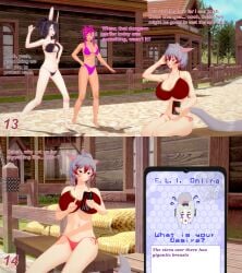 3girls bikini black_hair cat_ears cat_tail commission english_text final_fantasy final_fantasy_xiv gray_hair helisent_woode huge_breasts koikatsu miqo'te oc original_character phone pink_hair rabbit_ears reality_warping swimsuit text thracie_isshu viera xavierhuge yae_yoshizawa