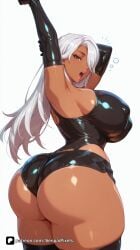 1girl ai_generated armpits arms_up artist_name ass black_gloves black_thighhighs blizzard_entertainment breasts brown_eyes covered_nipples curvy dark-skinned_female dark_skin elbow_gloves gloves hair_over_one_eye huge_ass huge_breasts large_breasts long_hair looking_at_viewer looking_back nier nier:_automata nier_(series) open_mouth overwatch overwatch_2 patreon questionable senpai_pixels sensitive shiny shorts simple_background solo stretching thick_thighs thighhighs thighs tongue vendetta white_background white_hair yawning yorha_a2_(cosplay)