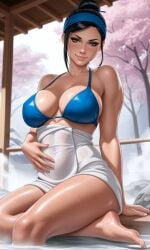 1girl ai_generated bare_shoulders barefoot bath_towel bikini bikini_top black_hair blue_bikini blue_headwear body_theft cherry_blossoms chopsticks chopsticks_in_hair cleavage day eyeshadow feet_in_water fog from_below green_eyes hair_bun hand_on_stomach headband hot_spring kitana kitana_(mk11) long_neck looking_at_viewer mist mortal_kombat mortal_kombat_11 muscular muscular_female navel_outline netherrealm_studios pink_lips pointy_nose possession smile smiling sweaty_body toned toned_female towel water wet_towel