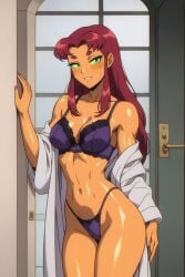 ai_generated alien alien_girl breasts dc dc_comics faprunner78 green_eyes lingerie looking_at_viewer natural_breasts oiled_skin orange_skin purple_lingerie red_hair sexy slim_female slim_waist small_breasts starfire starfire_(teen_titans) superheroine teen_titans thick_thighs thighs waist