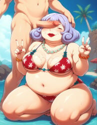 ai_assisted ai_generated bbw beach_background big_belly big_breasts chubby_belly chubby_female cock_worship cum_on_breasts cum_on_face gilf grandmother granny hataraku_maou-sama! matronai_(artist) mature overweight_female peace_sign pearl_necklace penis_on_face posing posing_for_picture posing_for_the_viewer purple_hair red_lipstick shiba_miki straw_hat swimsuit tied_condom