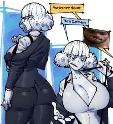 ass back_view blue_eyes breasts cleavage cloudiel front_view large_breasts office_clothing office_lady original slim_waist speech speech_bubble suspenders tagme talking talking_to_another thick_thighs tight_clothing voluptuous white_body white_hair wide_hips
