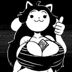 1girl 1monster :3 ai_generated between_breasts black_background black_hair black_white cartoony cleavage furry furry_female large_breasts long_hair looking_at_viewer money money_between_breasts monochrome monster_girl no_color pixai pixel_art slim_waist solo striped_swimsuit swimsuit tagme temmie temmie_(undertale) thumbs_up undertale undertale_(series) upper_body white_fur white_skin