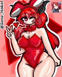adorable artist_name big_breasts bun bunny_ears bunnysuit color cute female_only geno_naket heart hi_res horns long_hair looking_at_viewer neckline original_character peace_symbol red_bunnysuit red_eyes red_hair solo_female thick_thighs voluptuous wide_hips winking_at_viewer