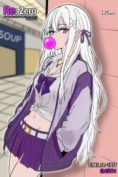 1girls bubble_gum delinquent elf elf_ears emilia_(re:zero) looking_at_viewer makeup mascara miniskirt modern_au modern_setting re:zero_kara_hajimeru_isekai_seikatsu silver_hair tied_shirt white_hair