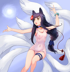 ahri animal_ears bell bell_collar black_hair blush bookseve breasts chestnut_mouth clothed_navel collar female flat_chest flower fox_ears fox_tail hair hair_flower hair_ornament jingle_bell league_of_legends long_hair looking_away multiple_tails navel nipples one-piece_swimsuit open_mouth school_swimsuit see-through solo swimsuit tail thigh_strap translucent white_school_swimsuit white_swimsuit yellow_eyes