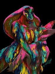 absurd_res anthro blacklight blue_body blue_eyes blue_scales bodypaint breasts canid canine colored_nails duo female fennec_fox fox hi_res hug hugging_another lifting male mammal maple_wilde multicolored_body multicolored_scales nails non-mammal_breasts nude nude_female nude_male orange_eyes paint reptile scales scalie shen_(zummeng) simple_background smile smiley_face smiling_at_another smiling_at_partner snake snake_hood squish squishy_body tail thick_thighs three-quarter_view true_fox two_tone_body two_tone_scales two_toned_body wide_hips yellow_body yellow_scales zaphira_(zummeng)