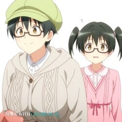 1girl age_difference ai_assisted ai_generated anime_screencap black_hair brown_eyes cable_knit cock_shock collared_dress confused curvy fear girl green_hat grey_cardigan hair_between_eyes hair_tie huge_balls huge_penis long_sleeves pink_dress scared short_hair short_twintails size_difference smile upper_body vaginal_penetration weird white_background