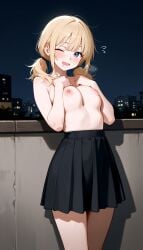 ai_assisted ai_generated blonde_hair blue_eyes holding_own_breasts medium_breasts night_sky outdoor_nudity public_exposure public_nudity rooftop round_breasts shy shy_smile skirt skirt_only solo_female squeezing_breasts twintails twintails_(hairstyle) winking_at_viewer