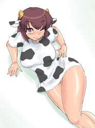 animal_ear bottomless breasts brown_hair cow_accoutrements cow_ear cow_girl cow_print curvy female horns konmori_(kinbou_sokai) large_breasts legs lying moo_bitch nail_polish no_panties pubic_hair pussy shirt short_hair solo thighs uncensored wink