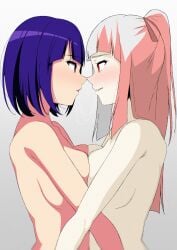 2girls absurdres after_kiss alternate_hair_length_(shorter) blush breast_press breasts commission couple emi_(kitsune_no_hanashi) eye_contact face-to-face female female/female female_only from_side gradient_background grey_background half_updo highres large_breasts long_hair looking_at_another masa_works_design monya_monya_(tmsc7752) monyamonya78 multicolored_hair multiple_girls nude oni_to_kitsune_no_hanashi parted_lips pink_hair profile purple_hair red_eyes saliva saliva_trail short_hair sidelocks simple_background skeb_commission symmetrical_docking tsukuyomi_oborodzuka two-tone_hair upper_body white_background white_hair yuri