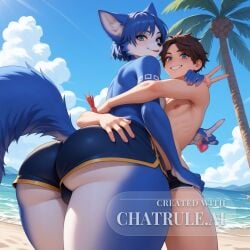 1boy 1girl ai_assisted ai_generated beach blue_eyes blue_fur cowboy_shot curvy_body eyeliner face_closeup femboy flare furry hug hugging_from_behind krystal_(star_fox) leaning_forward looking_at_viewer looking_back narrow_waist nervous_expression nervous_smile peace_sign penis_bulge skin_markings standing star_fox sunny tattoo tight_shorts topless view_from_below waves white_fur wide_hips
