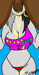 1boy 1girls anthro ass bare_shoulders black_hair blue_background breasts brown_skin cleavage colored cum cum_in_mouth cum_on_breasts deepthroat dirtyjackrabbit drooling ear_piercing earrings fellatio female furry grey_hair grey_skin large_breasts large_penis long_hair looking_at_viewer luna_paws luna_the_panda_bear male one_closed_eyes oral penis piercing saliva skimpy slit_eyes standing straight team-happi-bomb testicles text thigh_gap thong tongue