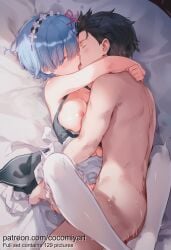 1boy 1girl 2026 ai_generated apron arms_around_neck bed_sheet black_dress black_hair blue_eyes blue_hair blush breasts breasts_out closed_eyes clothed_female_nude_male clothed_sex cocomiyart dress french_kiss frills hair_ornament hair_over_one_eye hair_ribbon head_wreath hetero highres hug kiss large_breasts leg_lock lying maid maid_headdress medium_breasts missionary nipples nsfw nude on_back pink_ribbon ribbon roswaal_mansion_maid_uniform sex short_hair thighhighs uncensored vaginal waist_apron white_thighhighs x_hair_ornament