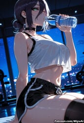 1girl ai_assisted ai_generated bangs bare_shoulders black_choker black_hair black_legwear black_shorts blush bottle breasts chainsaw_man choker crop_top crop_top_overhang curvaceous curvy curvy_female curvy_figure female green_eyes hair_between_eyes hair_bun holding_bottle large_breasts looking_at_viewer midriff miyuai navel night reze_(chainsaw_man) shirt shorts sidelocks sitting sky sleeveless sweat thick thick_ass thick_butt thick_hips thick_legs thick_thighs thighhighs thighs voluptuous voluptuous_female water_bottle wide_hips wide_thighs