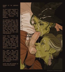 1boy 2d 2girls blowjob cum cum_on_face english_text fellatio female gilf green_skin hag incase light-skinned_male male oral oral_penetration oral_sex original original_character pointy_nose witch witch_hat