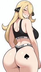 1girls ai_generated ass blacked blacked_clothing blonde blonde_female blonde_hair creatures_(company) cynthia_(pokemon) female female_only game_freak half-closed_eyes light-skinned_female light_skin looking_at_viewer looking_back looking_back_at_viewer nintendo pokemon pokemon_bdsp pokemon_dppt qos qos_tattoo queen_of_spades self_upload smiling smiling_at_viewer solo solo_female spade spade_tattoo sports_bra tattoo thong underwear