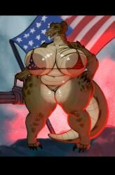 4th_of_july absurd_res american_flag american_flag_bikini anthro areola belly big_areola big_breasts big_tail bikini black_bars breasts brown_body brown_scales claws clothing deathclaw elcausajaacky facial_piercing fallout female flag_bikini flag_swimwear front_view gatling_gun genitals gun hi_res holidays horn huge_areola huge_breasts huge_thighs hyper hyper_breasts hyper_thighs letterbox machine_gun mammal microsoft nose_piercing overweight overweight_anthro overweight_female piercing pussy_floss ranged_weapon reptile scales scalie sharp_teeth solo swimwear tail teeth thick_tail thick_thighs toe_claws two-piece_swimsuit united_states_of_america vulva weapon