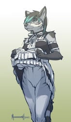 2011 anthro canine clothed clothing eyewear female flashing french_maid fur furry furry_only glasses looking_at_viewer maid maid_uniform meesh pussy solo stripes tail