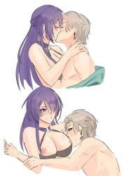 1boy 1boy1girl 1girls 2d 2d_(artwork) acheron_(honkai:_star_rail) aventurine_(honkai:_star_rail) blonde_hair bra_down gnarlypzofbread gritted_teeth holding_arm honkai:_star_rail honkai_(series) hoyoverse kissing long_hair looking_at_partner medium_breasts mihoyo multicolored_eyes partially_clothed purple_eyes purple_hair sucking_breasts sucking_nipples