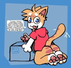 3_toes abstract_background anthro balls barefoot blue_eyes bottomless box butt butt_shot casual_exposure clothed clothing container domestic_cat english_text fangs feet felid feline felis foot_focus fur genitals hair hoodie looking_at_viewer male mammal multicolored_body multicolored_fur open_mouth orange_body orange_fur pawpads pawplants paws pink_pawpads pinup pointy_ears pose presenting presenting_hindquarters red_clothing red_hoodie red_topwear soles solo sparky_(pawplants) spiky_hair tabby_cat tail tail_motion tailwag teeth text toes topwear topwear_only unboxing